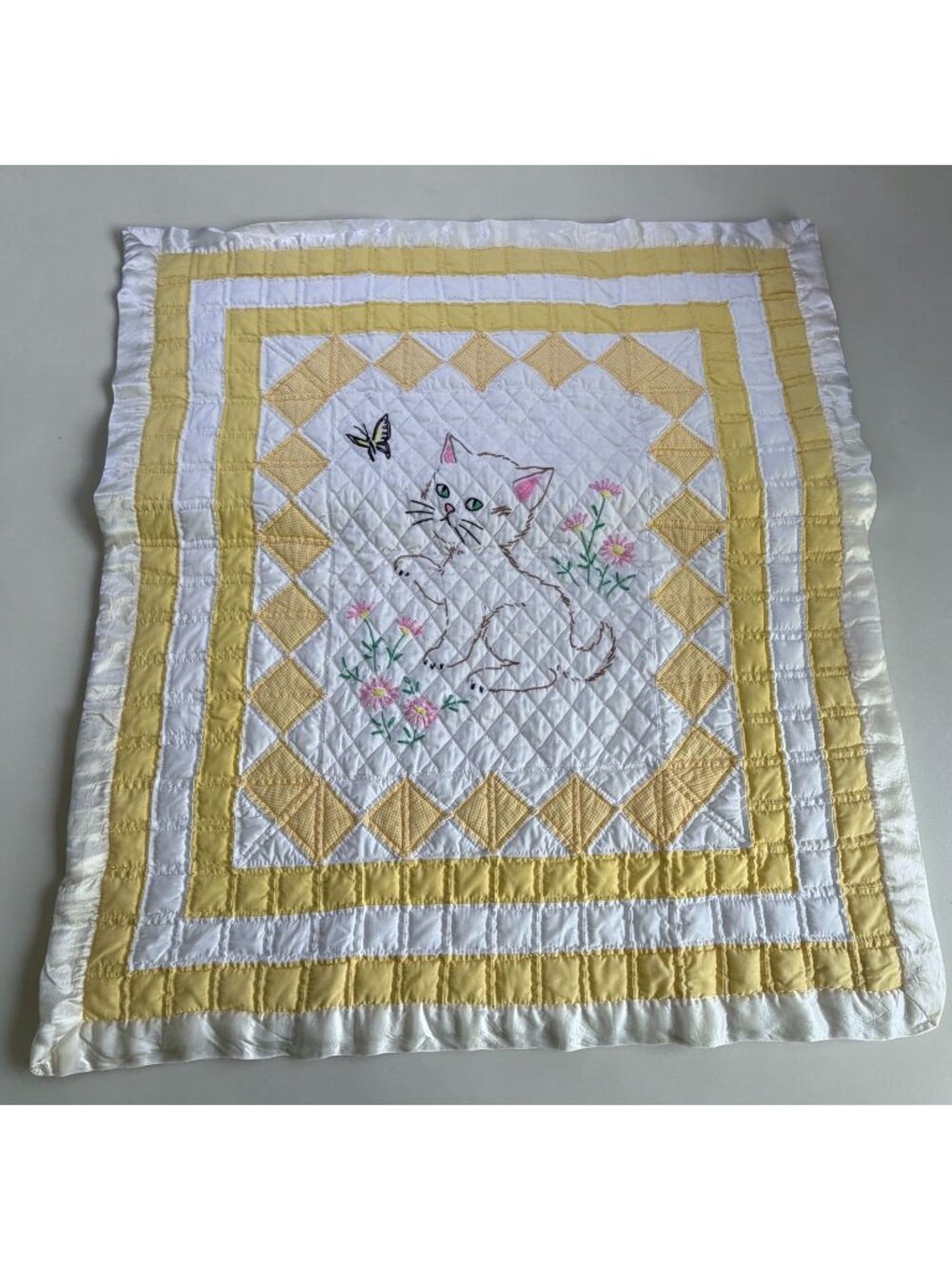 Vintage Handmade Baby Quilt Embroidered Cat Kitten Blanket Satin Yellow White